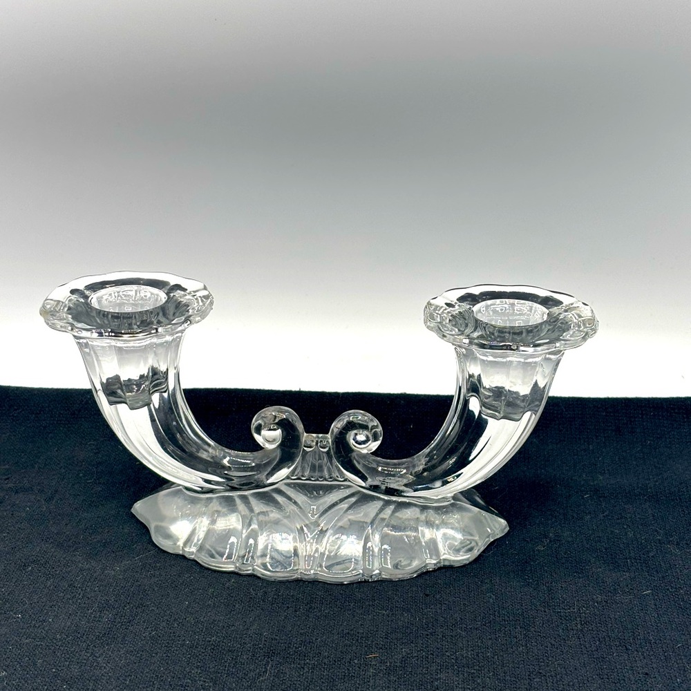 Vintage Heisey Warwick clear glass cornucopia double candlestick holder